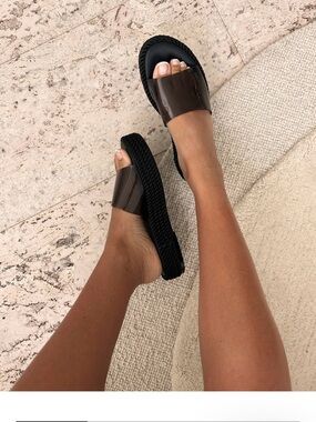 Minimalist Black Slide Sandals with Translucent Brown Strap